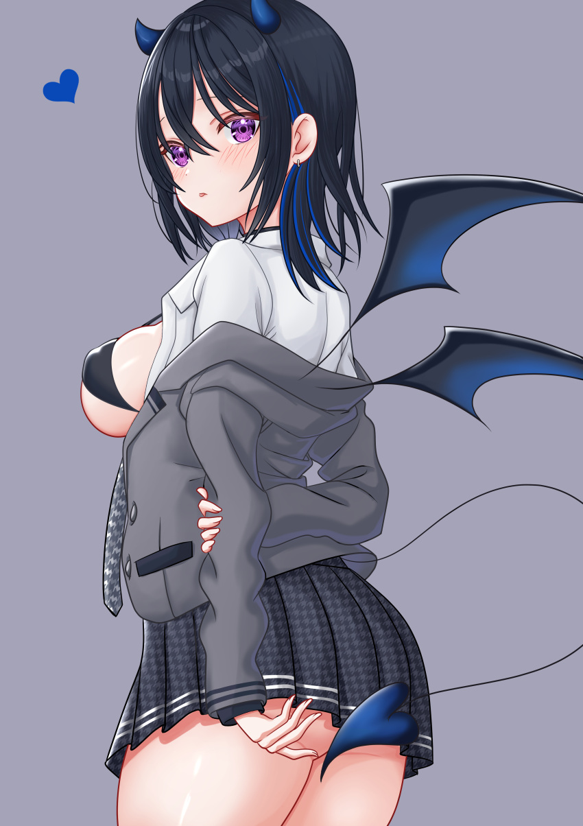 1girl :p absurdres arm_behind_back ass bikini black_bikini black_collar black_hair blazer blue_hair blue_heart blue_horns blue_tail blue_wings blush breasts collar covered_nipples demon_girl demon_horns demon_tail demon_wings earrings from_side gradient_horns gradient_tail gradient_wings grey_background grey_jacket grey_necktie grey_skirt hair_between_eyes haruo860 heart highres horns houndstooth ichinose_uruha ichinose_uruha_(6th_costume) jacket jewelry long_sleeves looking_at_viewer looking_back medium_breasts micro_bikini microskirt mini_wings multicolored_hair multicolored_horns multicolored_wings necktie off_shoulder open_clothes open_jacket pleated_skirt print_necktie purple_eyes shirt sideboob simple_background skirt solo strap_gap streaked_hair swimsuit tail tail_censor tongue tongue_out virtual_youtuber vspo! white_shirt wings wolf_cut