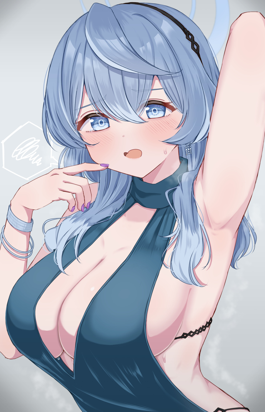 1girl absurdres ako_(blue_archive) ako_(dress)_(blue_archive) annzuwann armpits backless_dress backless_outfit black_hairband blue_archive blue_dress blue_eyes blue_hair blue_halo blush breasts cleavage dress grey_background hair_between_eyes hairband halo highres large_breasts long_hair looking_at_viewer official_alternate_costume open_mouth sideboob simple_background sleeveless sleeveless_dress solo spoken_squiggle squiggle