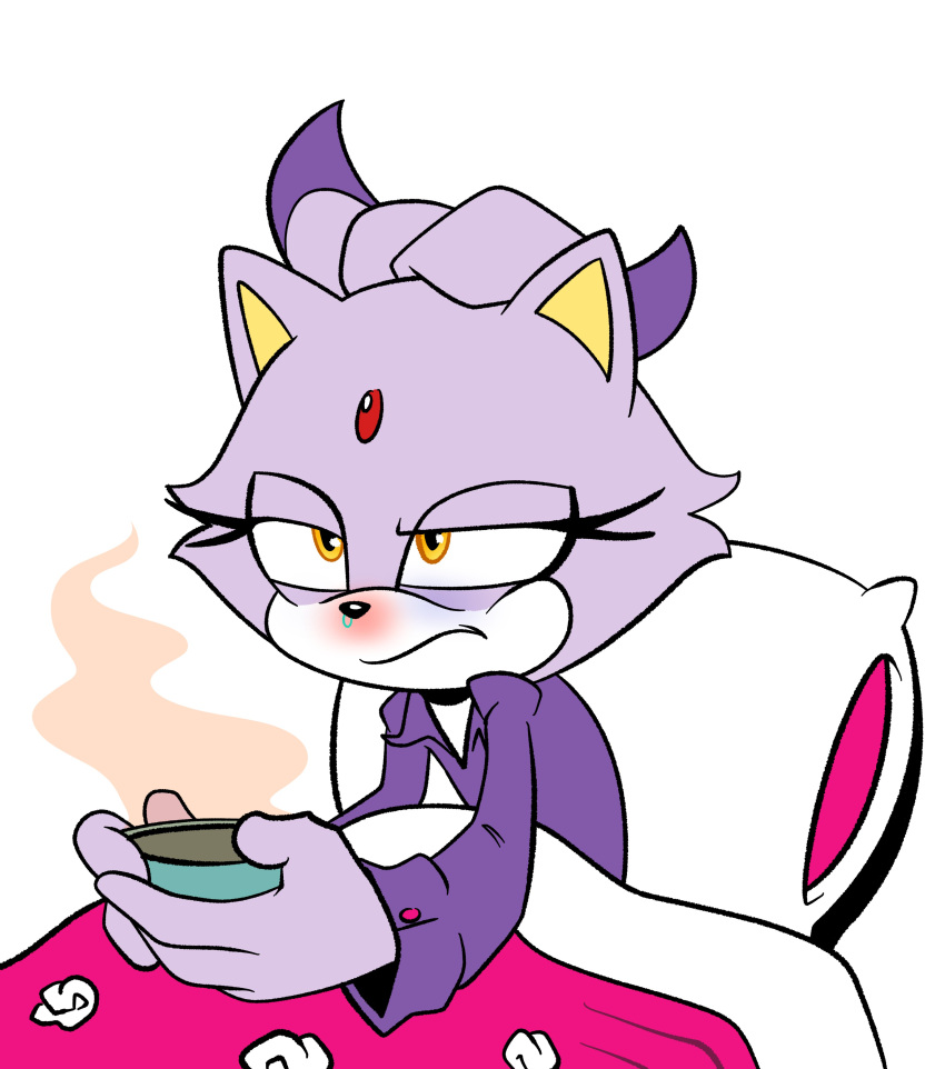 1girl absurdres animal_ears blanket blaze_the_cat cat_ears cat_girl cup forehead_jewel furry furry_female highres holding holding_cup novika pillow purple_fur purple_shirt runny_nose shirt simple_background sleepwear snot sonic_(series) teacup white_background yellow_eyes