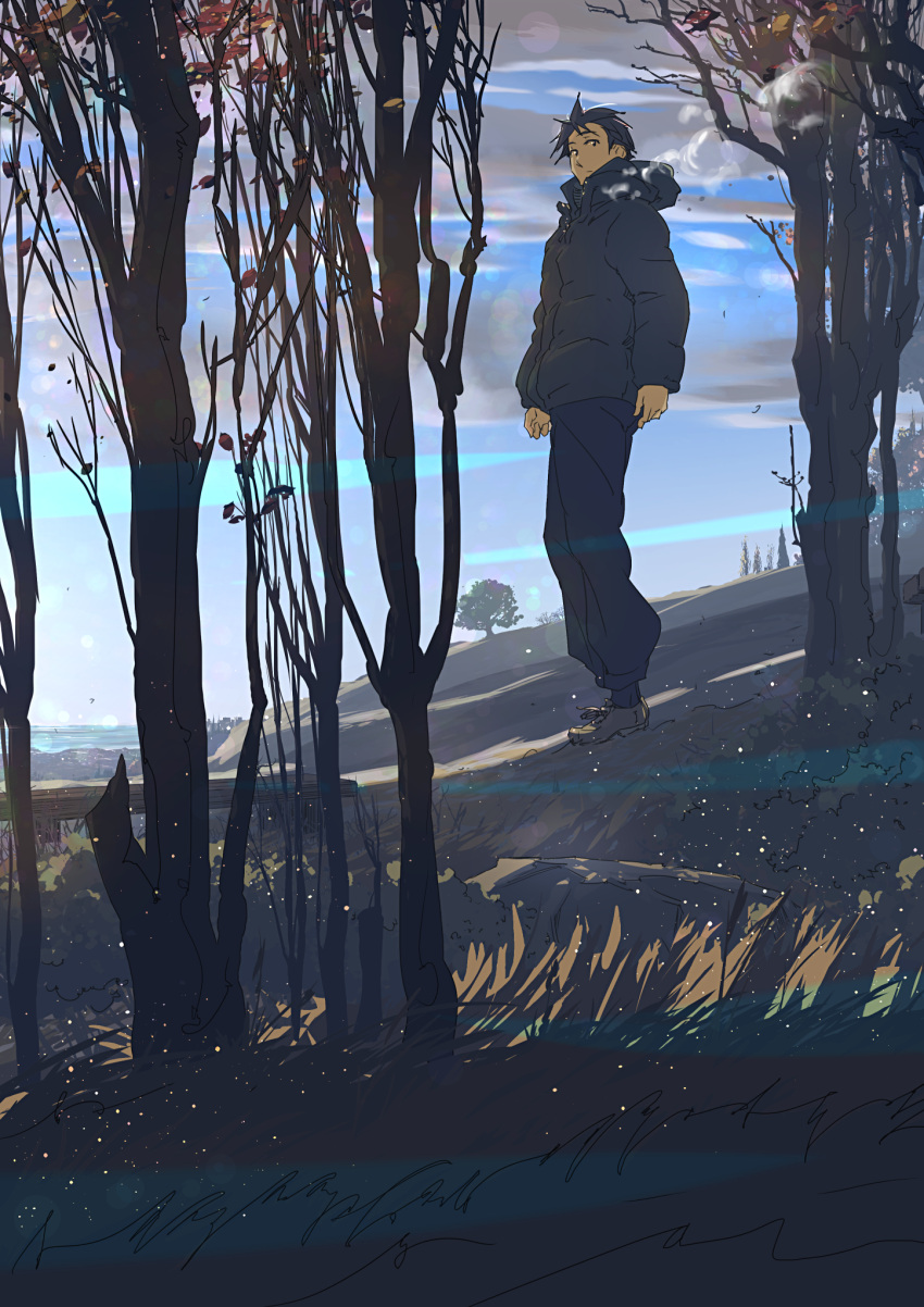 1boy blue_sky cloud cloudy_sky coat day grass highres landscape looking_at_viewer morning nature original outdoors scenery short_hair sky solo sunlight sunrise supe_(yuusyasupepen) tree water winter winter_clothes winter_coat