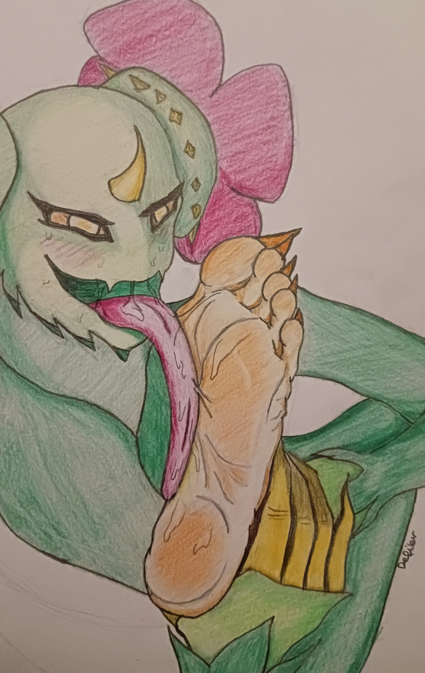 1_horn 5_toes absurd_res anthro barefoot bodily_fluids cactus_creature cactus_humanoid claws defiler elemental_creature elemental_humanoid fangs feet female flora_fauna foot_fetish foot_focus foot_lick foot_play generation_5_pokemon green_body hi_res horn humanoid humanoid_feet licking long_tongue maractus nintendo open_mouth orange_feet plant plant_humanoid plantigrade pokemon pokemon_(species) saliva saliva_on_foot saliva_string soles solo teeth toe_claws toes tongue tongue_out