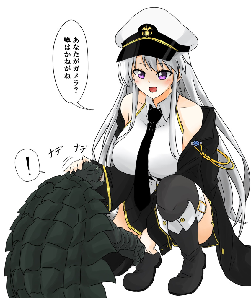 1girl azur_lane bare_shoulders black_coat black_necktie blush breasts coat enterprise_(azur_lane) gamera gamera_(series) hat highres ibuki_(tulta_icon) kaijuu large_breasts long_hair military_hat necktie open_clothes open_coat peaked_cap purple_eyes shirt skirt sleeveless sleeveless_shirt smile speech_bubble squatting thighhighs underbust very_long_hair white_hair white_headwear