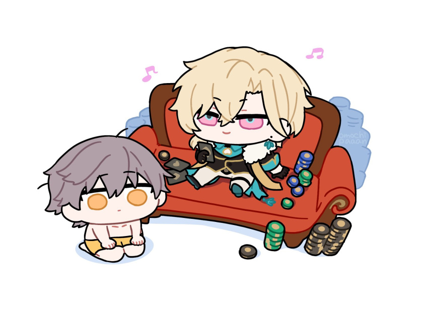 2boys arm_support aventurine_(honkai:_star_rail) blonde_hair caelus_(honkai:_star_rail) card chibi closed_mouth couch highres holding holding_card honkai:_star_rail honkai_(series) male_underwear multiple_boys musical_note omochi_binta on_couch on_floor pectoral_cleavage pectorals pink_eyes short_hair simple_background smile trailblazer_(honkai:_star_rail) underwear white_background yellow_eyes yellow_male_underwear