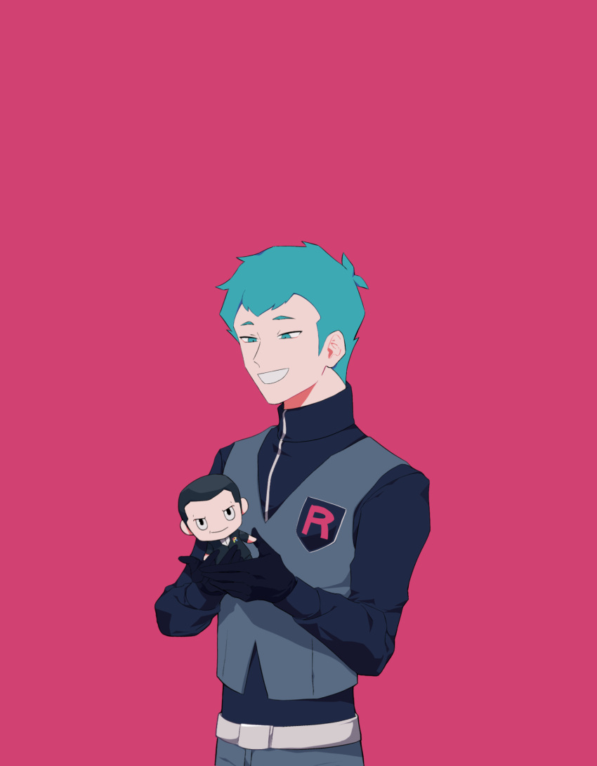 1boy archer_(pokemon) belt blue_eyes blue_hair character_doll giovanni_(pokemon) highres male_focus pokemon pokemon_lgpe red_background simple_background sioma709iie smile solo team_rocket teeth upper_body