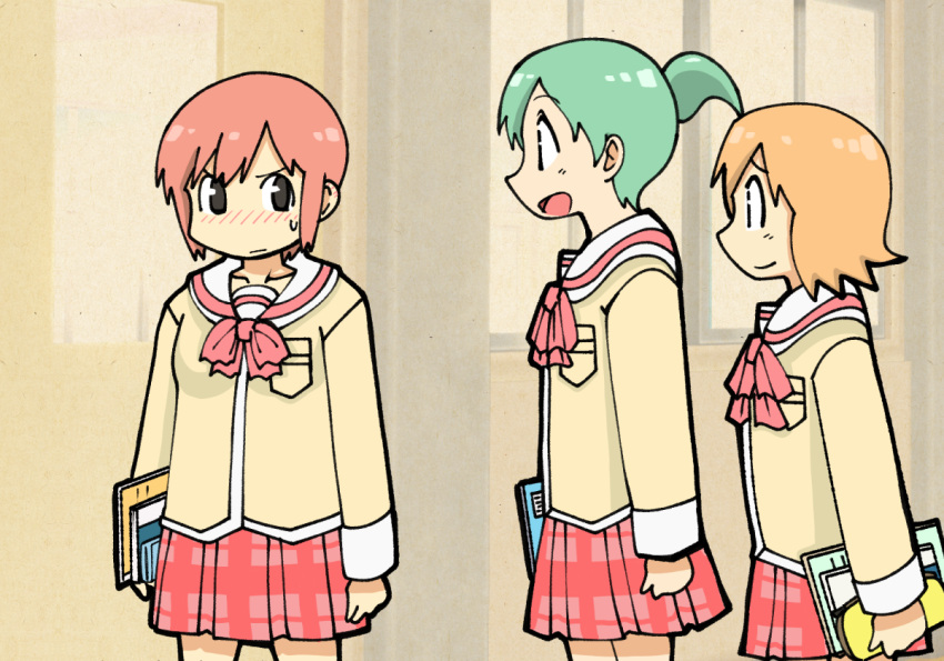 3girls a-king black_outline blonde_hair blush book brown_eyes closed_mouth fecchan holding holding_book indoors looking_at_another multiple_girls neckerchief nichijou open_mouth outline pencil_case plaid plaid_skirt pleated_skirt red_neckerchief red_skirt sailor_collar school_uniform short_hair short_ponytail skirt smile sweatdrop tachibana_misato tokisadame_school_uniform weboshii white_sailor_collar window