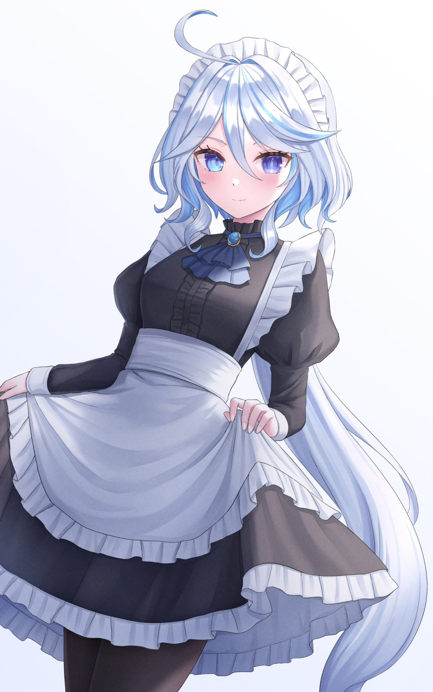 ahoge alternate_costume apron black_dress black_pantyhose blue_eyes closed_mouth dress drop-shaped_pupils enmaided frilled_apron frilled_dress frills furina_(genshin_impact) genshin_impact hair_between_eyes heterochromia highres long_hair long_sleeves looking_at_viewer maid maid_apron maid_headdress mismatched_pupils pantyhose purple_eyes seungju_lee simple_background smile solo white_apron white_hair