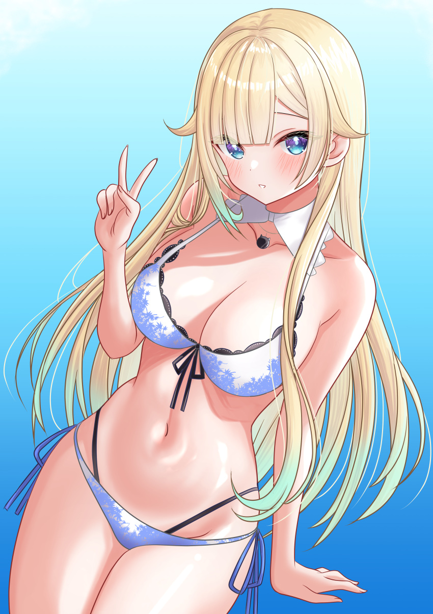 1girl absurdres aizawa_ema aizawa_ema_(summer_c102) bikini blonde_hair blue_background blue_eyes blue_hair blunt_bangs blush breasts cat_necklace collar commentary cowboy_shot curvy detached_collar front-tie_bikini_top front-tie_top gradient_background gradient_hair hair_flaps haruo860 highleg highleg_bikini highres lace-trimmed_bikini lace_trim large_breasts long_hair looking_at_viewer multi-strapped_bikini_bottom multicolored_hair navel parted_lips side-tie_bikini_bottom solo stomach swimsuit symbol-only_commentary v very_long_hair virtual_youtuber vspo! white_bikini white_collar