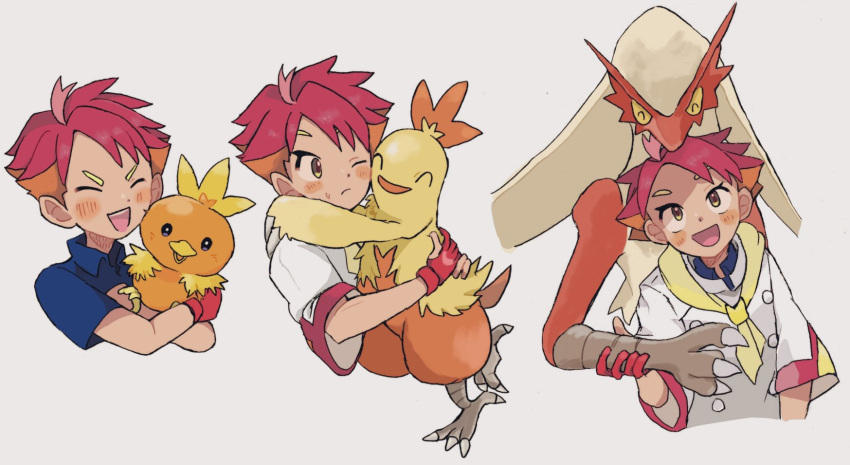 1boy blaziken blush closed_mouth combusken crispin_(pokemon) gloves highres holding jacket konoooc multicolored_hair one_eye_closed open_mouth pokemon pokemon_(creature) pokemon_sv red_hair shirt short_hair smile torchic two-tone_hair white_shirt yellow_eyes