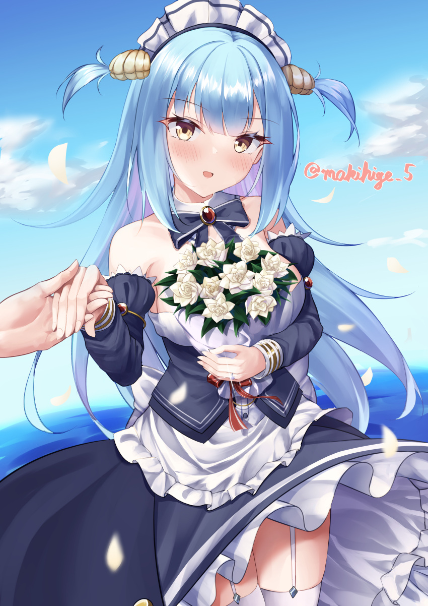 1girl absurdres apron artist_name azur_lane bare_shoulders blue_dress blue_hair bouquet clam_shell commentary_request cowboy_shot detached_sleeves dress fake_antlers flower frilled_hairband frills garter_straps hairband highres holding holding_bouquet long_hair long_sleeves looking_at_viewer maid_headdress makihige neptune_(azur_lane) rose shell_hair_ornament solo_focus thighhighs white_apron white_flower white_garter_straps white_rose white_thighhighs yellow_eyes