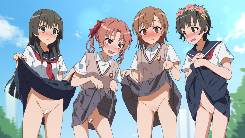 4girls absurdres atf1n bar_censor black_hair blue_sailor_collar blue_skirt blush brown_eyes brown_hair brown_sweater_vest censored clothes_lift commentary_request commission cowboy_shot exhibitionism flower green_eyes hair_flower hair_ornament hair_ribbon highres lifted_by_self long_hair looking_at_another looking_at_viewer medium_hair misaka_mikoto multiple_girls neckerchief no_panties outdoors pleated_skirt public_indecency public_nudity red_neckerchief ribbon sailor_collar sakugawa_school_uniform saten_ruiko school_emblem school_uniform serafuku shirai_kuroko shirt short_hair skeb_commission skirt skirt_lift sweater_vest toaru_kagaku_no_railgun toaru_majutsu_no_index tokiwadai_school_uniform uiharu_kazari white_shirt