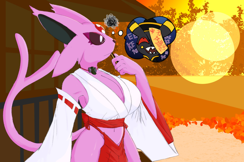 2023 absurd_res anthro asian_clothing big_breasts big_ears black_nose breasts brown_nose clothed clothing detailed_background duo east_asian_clothing eeveelution espeon eyelashes facial_markings fangs female forehead_gem forked_tail frustration_cloud fur generation_2_pokemon hat head_markings headgear headwear hi_res japanese_clothing jewelry laugh laugh_vocalization light markings miko_outfit milquetoaster necklace nintendo pink_body pink_eyes pink_fur pokemon pokemon_(species) red_eyes shrine_maiden skimpy solo_focus sun sunlight tail talisman taoist_talisman teeth text thought_bubble umbreon unusual_anatomy unusual_tail