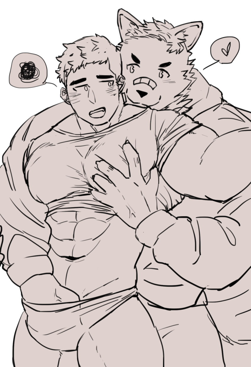 &lt;3 abs anthro big_dom_small_sub big_muscles big_pecs blush canid canine canis clothed clothing dominant dryu duo fur hair hand_in_underwear hi_res holding_partner human human_on_anthro interspecies larger_anthro larger_male male male/male mammal molestation muscular muscular_anthro muscular_human muscular_male pec_grab pecs raised_clothing raised_shirt raised_topwear shirt size_difference smaller_human smaller_male topwear underwear wolf