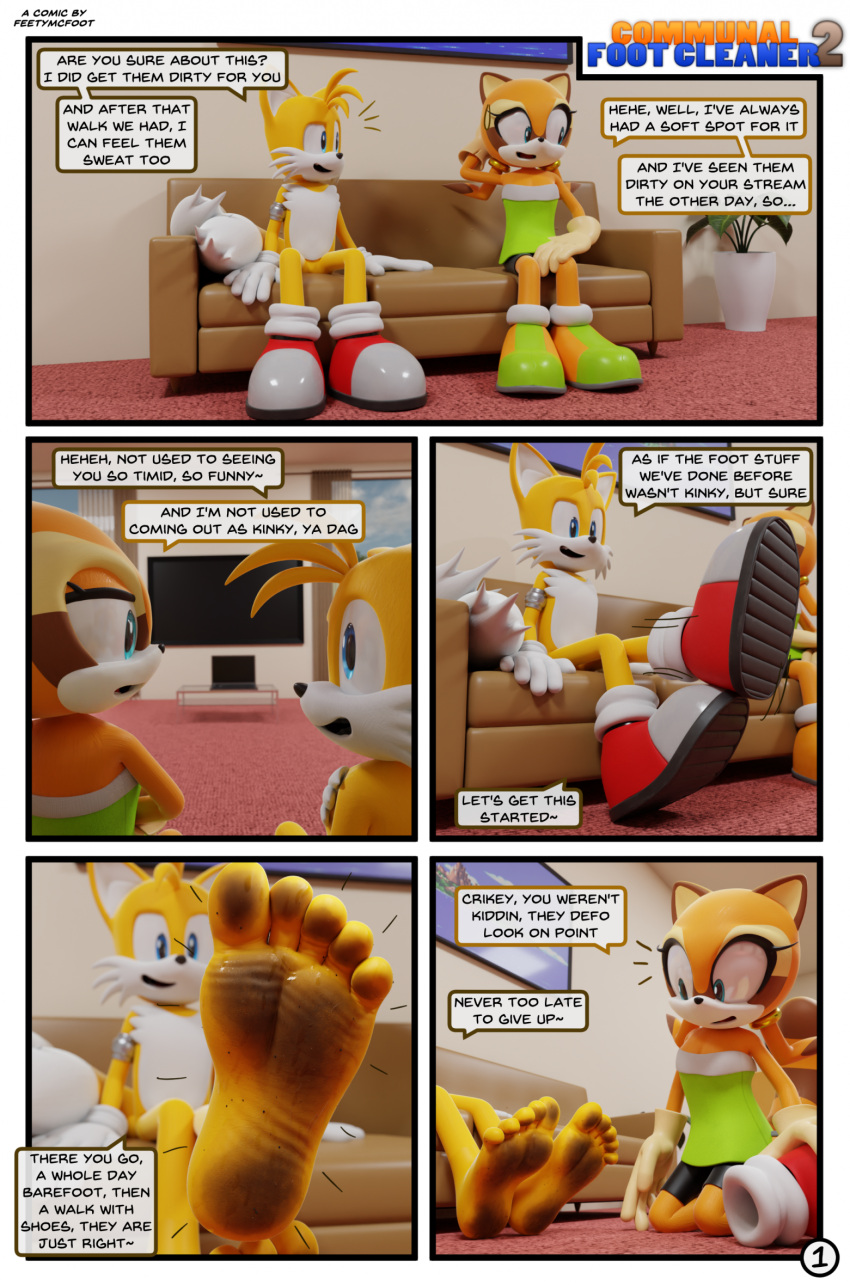 3d_(artwork) 3drender accent anthro australian barefoot big_feet comic dialogue digital_media_(artwork) dirty_feet duo feet feetymcfoot female foot_fetish foot_focus footwear_removed hi_res humanoid_feet inside male male/female male_feet marine_the_racoon miles_prower paws plantigrade presenting sega shoe_removal soles sonic_the_hedgehog_(series) toes