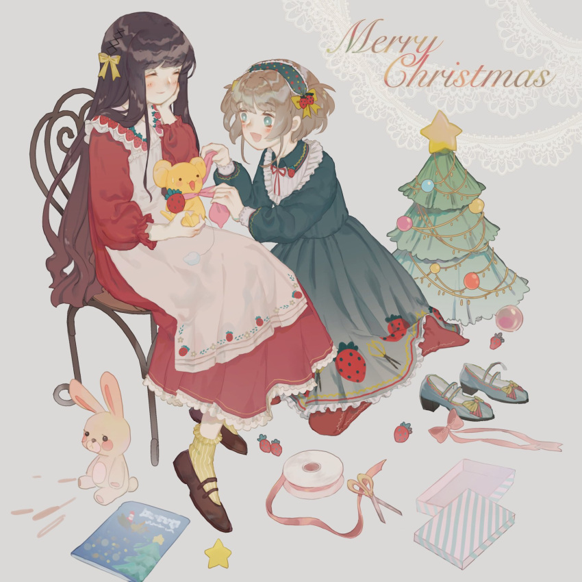 2girls adjusting_scarf animal anna_(anna1997) apron blue_background blue_eyes blue_footwear blue_hairband blue_sleeves blunt_bangs blunt_ends book bow box brown_footwear brown_hair cardcaptor_sakura christmas christmas_ornaments christmas_tree closed_eyes closed_mouth collar collared_dress daidouji_tomoyo dress ferret food food-themed_hair_ornament food_print footwear_bow frilled_collar frilled_dress frilled_hairband frilled_sleeves frilled_socks frills fruit full_body hair_bow hair_ornament hairband hand_on_own_cheek hand_on_own_face highres holding holding_animal holding_food holding_fruit kero kinomoto_sakura kneeling lace-trimmed_apron lace-trimmed_dress lace_trim light_blush lolita_fashion lolita_hairband long_hair long_sleeves mary_janes medium_dress merry_christmas multiple_girls necktie on_chair open_mouth pantyhose pink_bow pink_ribbon polka_dot_hairband red_dress red_necktie red_pantyhose red_sleeves ribbon scarf scissors shoes short_hair simple_background sitting smile socks star_(symbol) strawberry strawberry_hair_ornament strawberry_print striped_bow striped_clothes striped_socks stuffed_animal stuffed_rabbit stuffed_toy two-tone_bow unworn_shoes vertical-striped_clothes vertical-striped_socks very_long_hair wariza white_apron x_hair_ornament yellow_bow yellow_socks