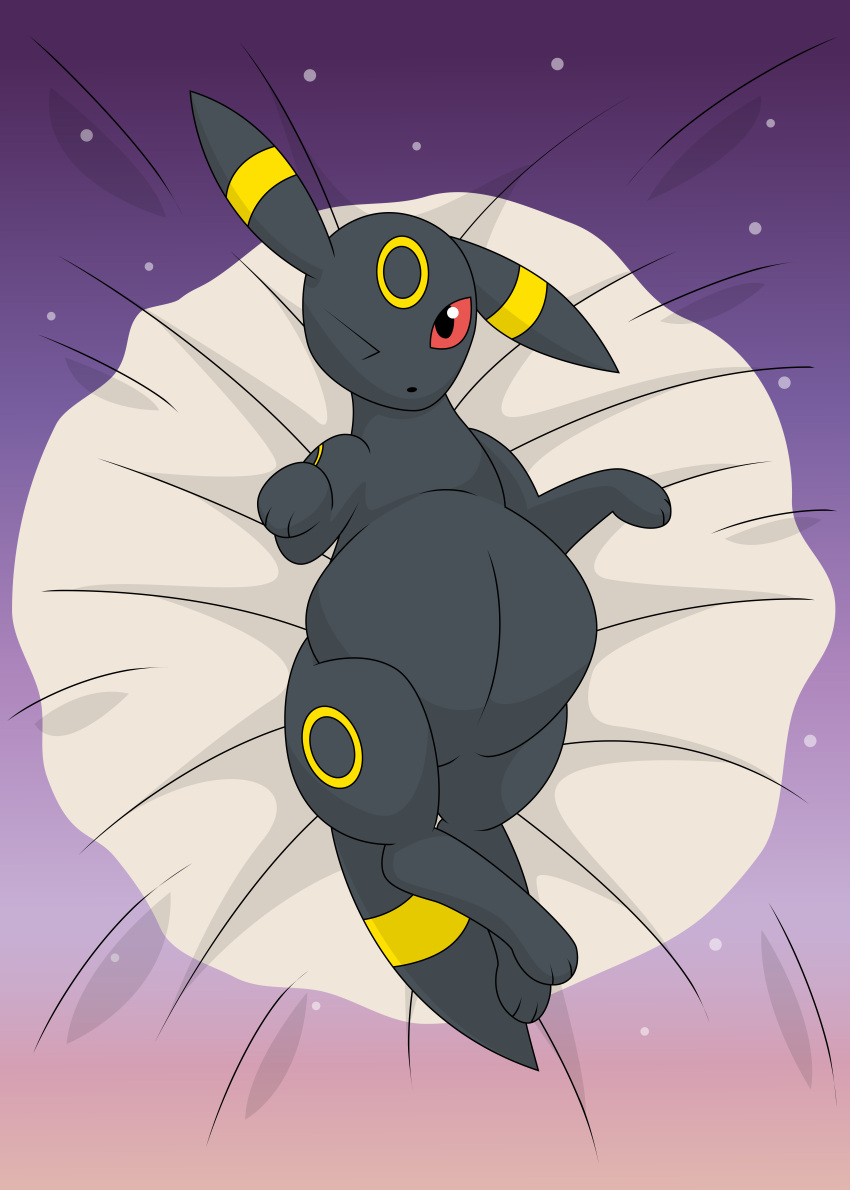 absurd_res bed eeveelution female feral furniture generation_2_pokemon hi_res looking_at_viewer lying nintendo on_back one_eye_closed pokemon pokemon_(species) pregnant pregnant_female pregnant_feral smile smiling_at_viewer solo umbreon wink xniclord