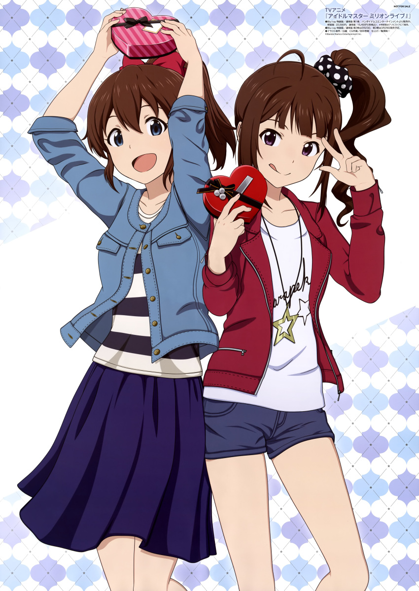 2girls :d :q absurdres arms_up black_eyes black_scrunchie blue_jacket blue_shorts blue_skirt blunt_bangs bow box brown_eyes brown_hair collarbone copyright_name denim denim_jacket denim_shorts floating_hair hair_between_eyes hair_bow hair_ornament hair_scrunchie heart-shaped_box high_ponytail high_side_ponytail highres holding holding_box idolmaster idolmaster_million_live! jacket long_hair looking_at_viewer miniskirt multiple_girls open_clothes open_jacket pleated_skirt polka_dot polka_dot_scrunchie print_shirt red_bow red_jacket satake_minako scrunchie shirogumi_inc. shirt short_shorts shorts skirt smile standing striped_clothes striped_shirt tongue tongue_out valentine w white_shirt yokoyama_nao