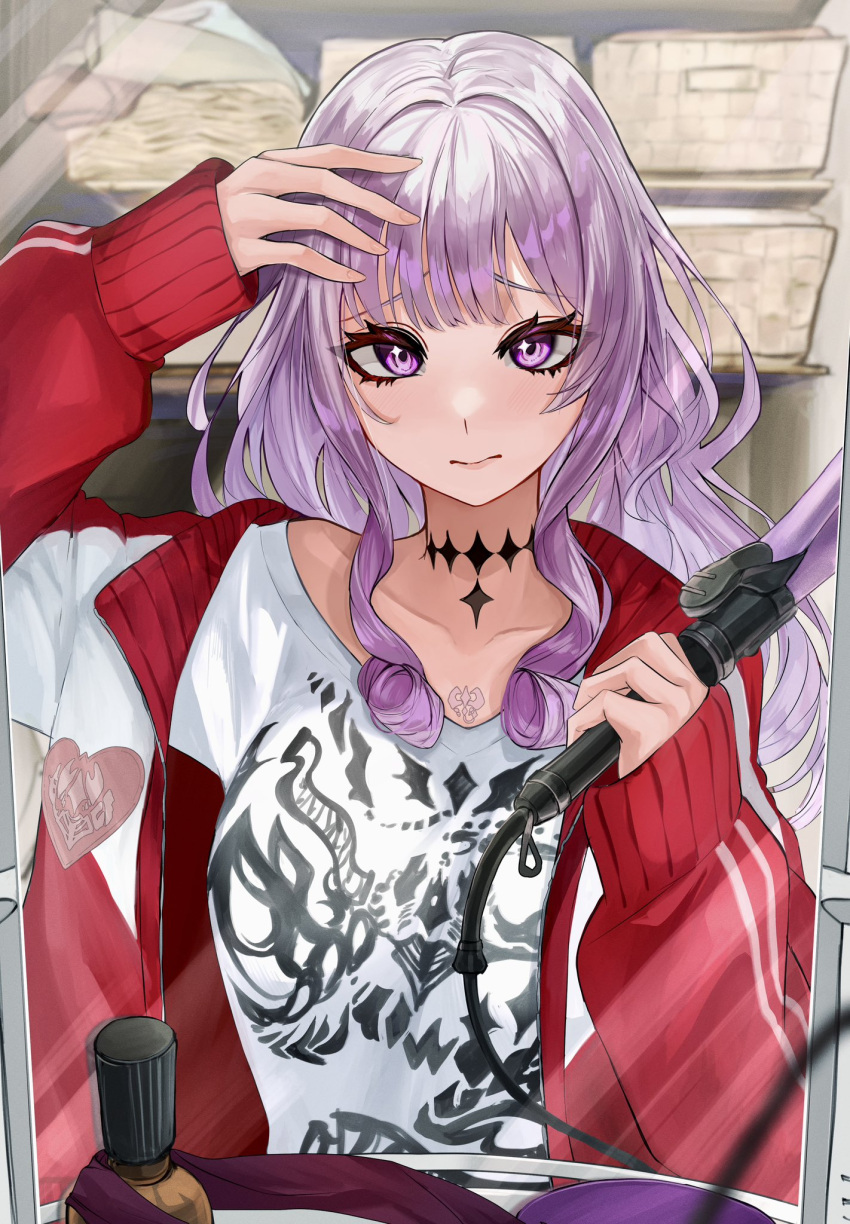 1girl blush breasts chest_tattoo cosmetics female_pov full-length_mirror gym_uniform highres hyakumantenbara_salome jacket long_hair long_sleeves looking_at_mirror looking_at_self mirror nekotokage nijisanji open_clothes open_jacket parted_bangs pov purple_eyes purple_hair red_jacket red_sleeves red_track_suit reflection reflection_focus scorpion_tattoo sink solo tattoo track_jacket track_suit virtual_youtuber zipper