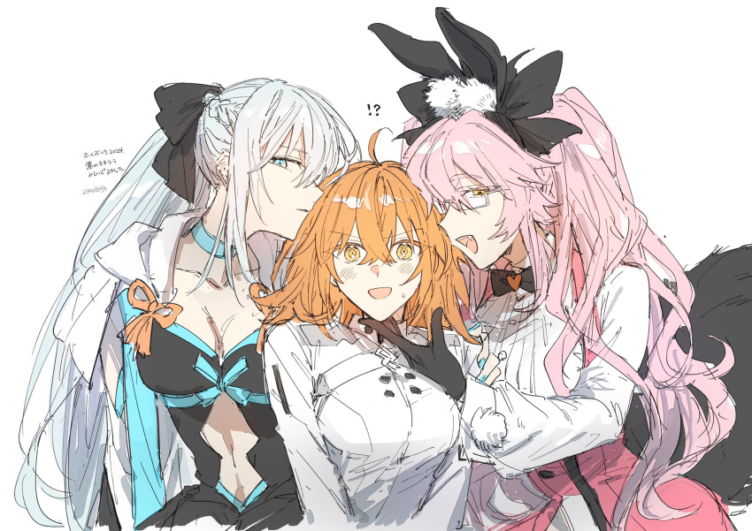 !? 3girls ahoge animal_ear_fluff animal_ears arm_around_shoulder arm_at_side black_bow black_bowtie black_dress black_gloves blue_choker blue_eyes blue_nails blush bow bowtie braid choker clothing_cutout commentary_request dated dress fang fate/grand_order fate_(series) fox_tail french_braid fujimaru_ritsuka_(female) fujimaru_ritsuka_(female)_(decisive_battle_chaldea_uniform) girl_sandwich glasses gloves grey_hair hair_between_eyes hair_bow hand_on_another's_chin hand_on_another's_shoulder highres koyanskaya_(assassin)_(second_ascension)_(fate) koyanskaya_(fate) long_hair long_sleeves looking_at_viewer medium_hair morgan_le_fay_(fate) multiple_girls nail_polish open_mouth orange_hair parted_lips pink_corset pink_hair ponytail rabbit_ears sandwiched shirt sidelocks simple_background stomach_cutout sweat tail tamamo_(fate) traditional_bowtie translation_request twintails v_arms very_long_hair white-framed_eyewear white_background white_shirt yellow_eyes yuri yuta_kbut