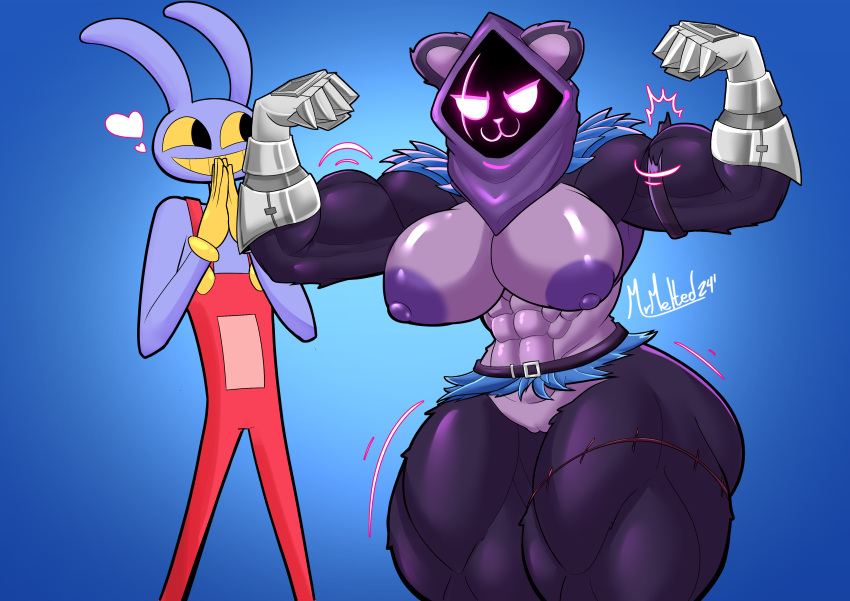 &lt;3 2024 5_fingers abs absurd_res anthro areola artist_name bear biceps big_areola big_breasts black_eyes blue_background breasts clothing curvy_figure dated digital_drawing_(artwork) digital_media_(artwork) duo epic_games female fingers flexing flexing_bicep flexing_both_biceps fortnite fur genitals gloves handwear hi_res hourglass_figure huge_areola huge_breasts huge_thighs jax_(the_amazing_digital_circus) lagomorph leporid long_ears male mammal mostly_nude motion_lines mrmelted multicolored_body multicolored_fur muscular muscular_anthro muscular_female muscular_thighs nipples overalls pink_eyes purple_body purple_fur pussy rabbit raven_team_leader signature simple_background small_waist smile teeth the_amazing_digital_circus thick_thighs two_tone_body two_tone_fur voluptuous wide_hips yellow_sclera