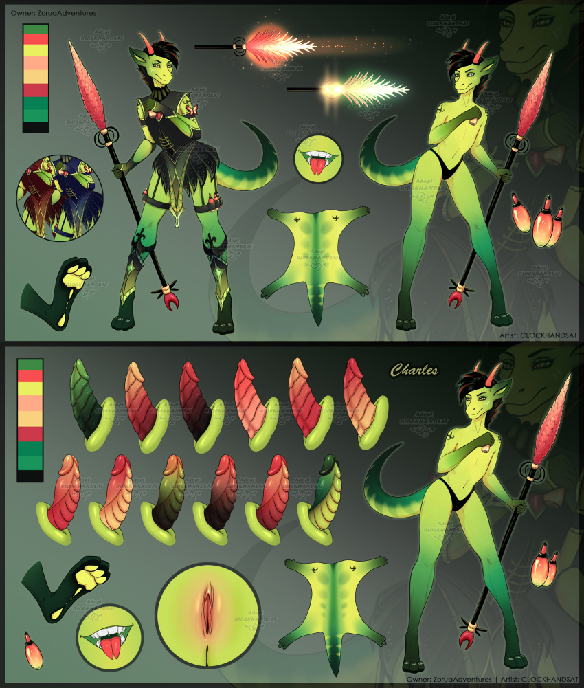 absurd_res anthro artist_name black_hair clockhands clothed clothing dragon erection genitals green_body green_penis hair hi_res holding_object holding_staff humanoid_genitalia humanoid_pussy male model_sheet mouth_closed penis pussy red_penis ridged_penis short_hair slit solo staff standing topless yellow_body yellow_eyes