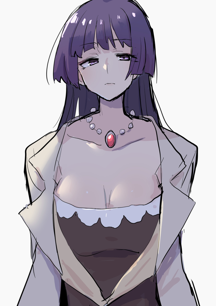 1girl arms_behind_back bead_necklace beads black_shirt blunt_bangs blunt_sidelocks breasts brown_jacket cleavage closed_mouth collarbone expressionless hachijou_ikuko highres hime_cut jacket jewelry large_breasts long28 long_hair looking_at_viewer necklace partially_shaded_face purple_hair shirt sidelocks simple_background solo umineko_no_naku_koro_ni white_background