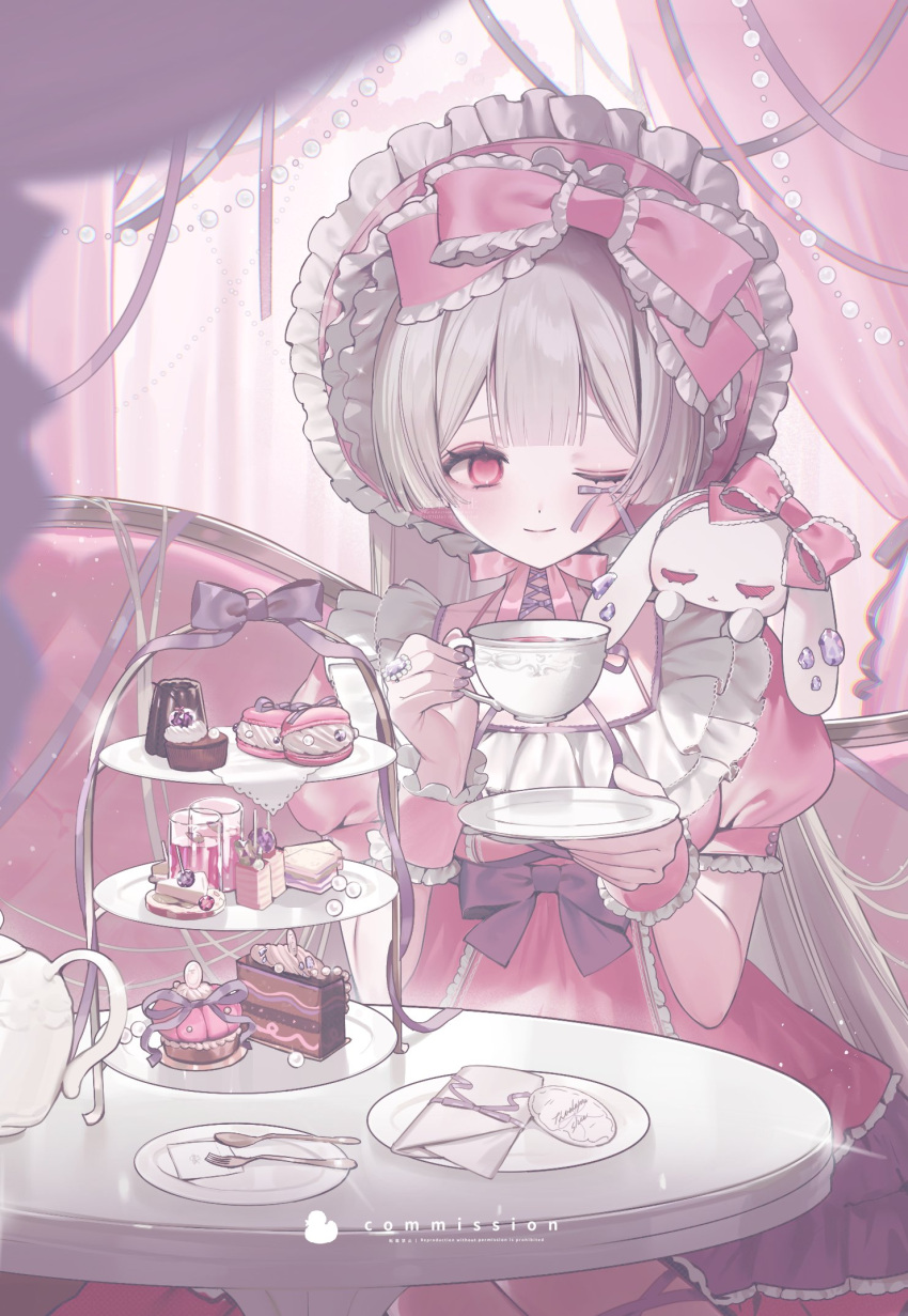 1girl ;) bow bowtie cake cake_slice canele closed_mouth commentary_request commission couch cream cup curtains dress drink drinking_glass fingernails food fork frilled_bow frilled_dress frilled_sleeves frills gem glint grey_hair grey_ribbon hair_bow handkerchief heart heart-shaped_pupils highres holding holding_cup holding_drink holding_saucer jewelry light_smile lolita_fashion long_hair nail_polish on_couch one_eye_closed original pastel_colors pearl_(gemstone) pink_bow pink_bowtie pink_dress pink_eyes pink_theme puffy_short_sleeves puffy_sleeves purple_nails ring round_table saucer short_sleeves sitting skeb_commission smile solo spoon stuffed_toy symbol-shaped_pupils table teacup teapot tiered_tray upper_body watermark wrist_cuffs youichi_(45_01)