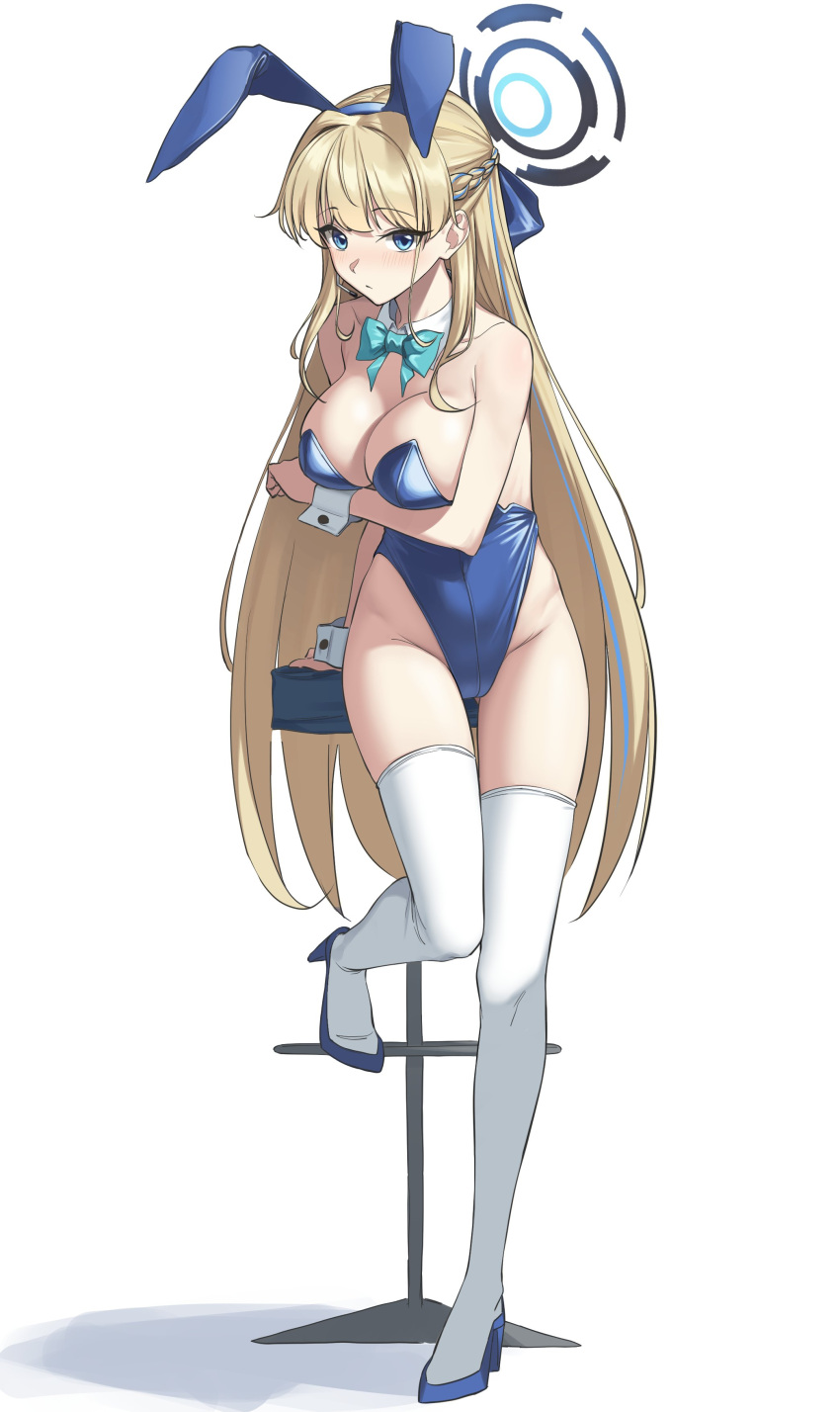 1girl absurdres animal_ears aqua_bow aqua_bowtie blonde_hair blue_archive blue_eyes blue_hair blue_halo blue_leotard bow bowtie braid breasts cleavage detached_collar fake_animal_ears french_braid halo highleg highleg_leotard highres laan_(0110) large_breasts leotard long_hair multicolored_hair official_alternate_costume playboy_bunny rabbit_ears rabbit_tail solo standing stool strapless strapless_leotard streaked_hair tail thighhighs toki_(blue_archive) toki_(bunny)_(blue_archive) white_thighhighs white_wrist_cuffs wrist_cuffs