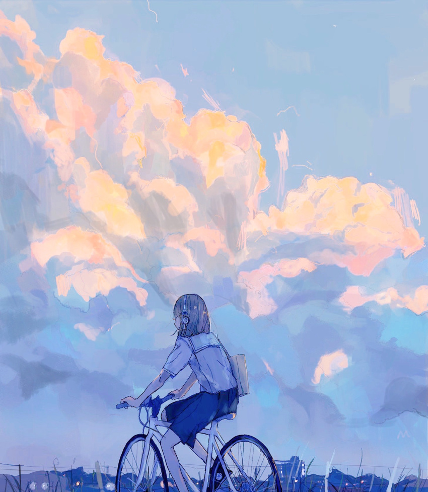 1girl bag bicycle black_skirt building cloud dusk facing_away headphones highres mountainous_horizon original outdoors painterly pleated_skirt power_lines purple_sky riding riding_bicycle sailor_collar school_bag school_uniform shirt short_sleeves sitting sketch skirt sky solo white_shirt yori_(f2_ef7)