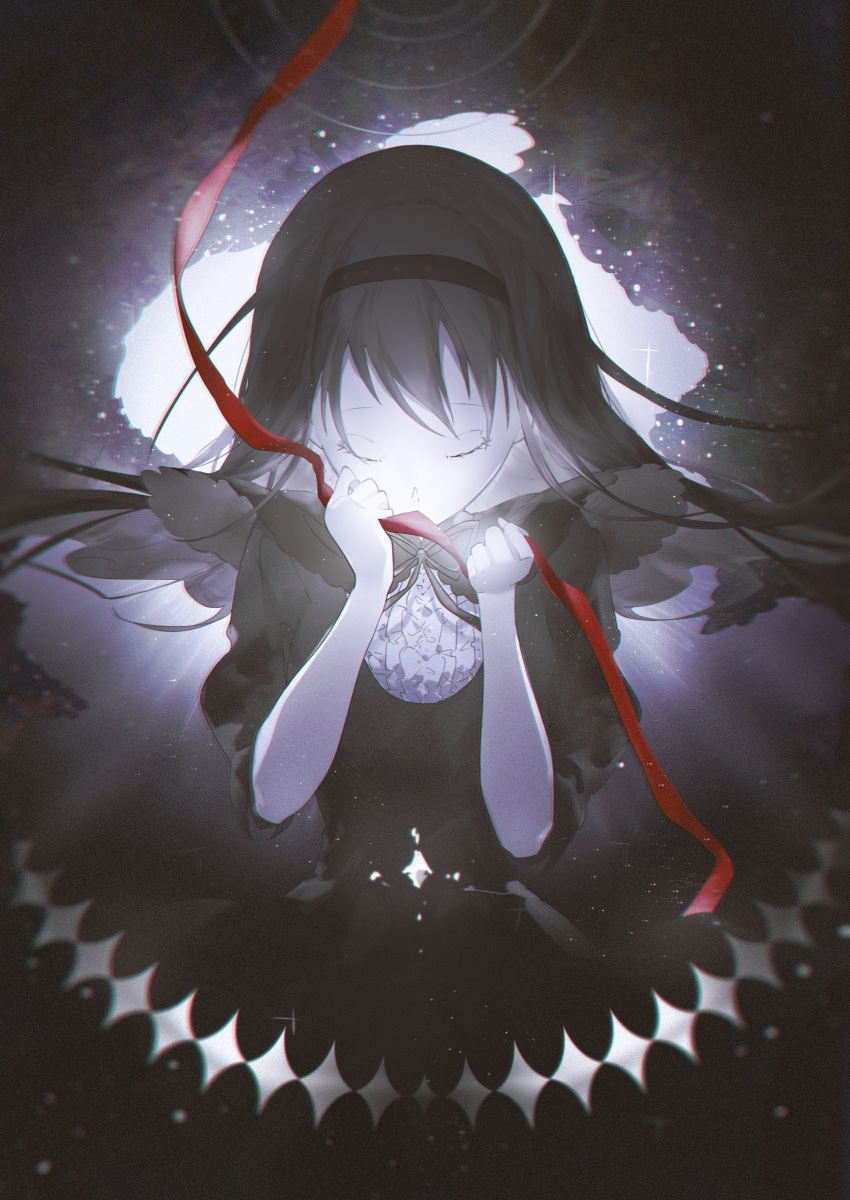 absurdres akemi_homura black_hair closed_eyes colored_skin dinned dress gothic_lolita highres lolita_fashion magical_girl mahou_shoujo_madoka_magica mahou_shoujo_madoka_magica_(anime) pale_skin red_ribbon ribbon white_skin