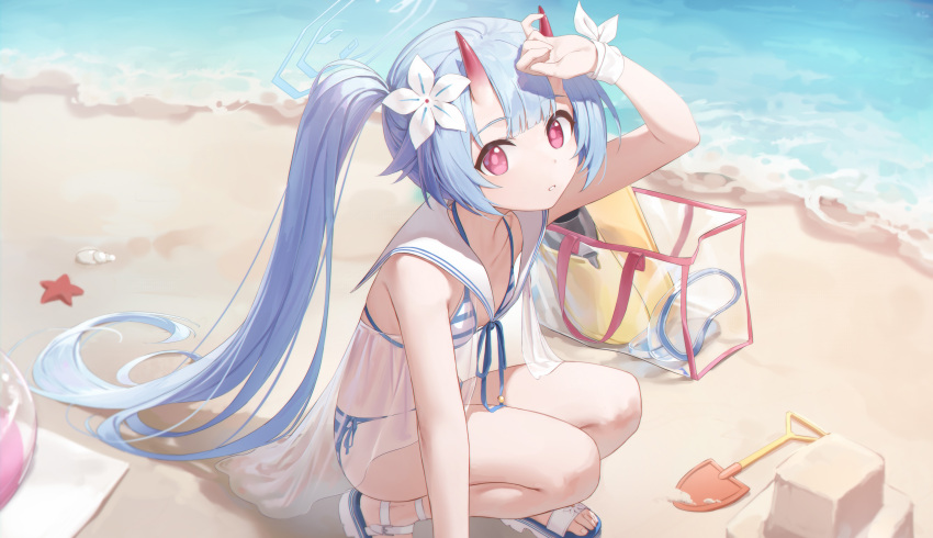 1girl absurdres animal ass beach bikini blue_archive blue_hair breasts chise_(blue_archive) chise_(swimsuit)_(blue_archive) day flower hair_flower hair_ornament highres horns long_hair looking_at_viewer ocean official_alternate_costume outdoors parted_lips ponytail red_eyes red_horns sandals small_breasts soeyumi solo squatting starfish striped_bikini striped_clothes swimsuit white_flower