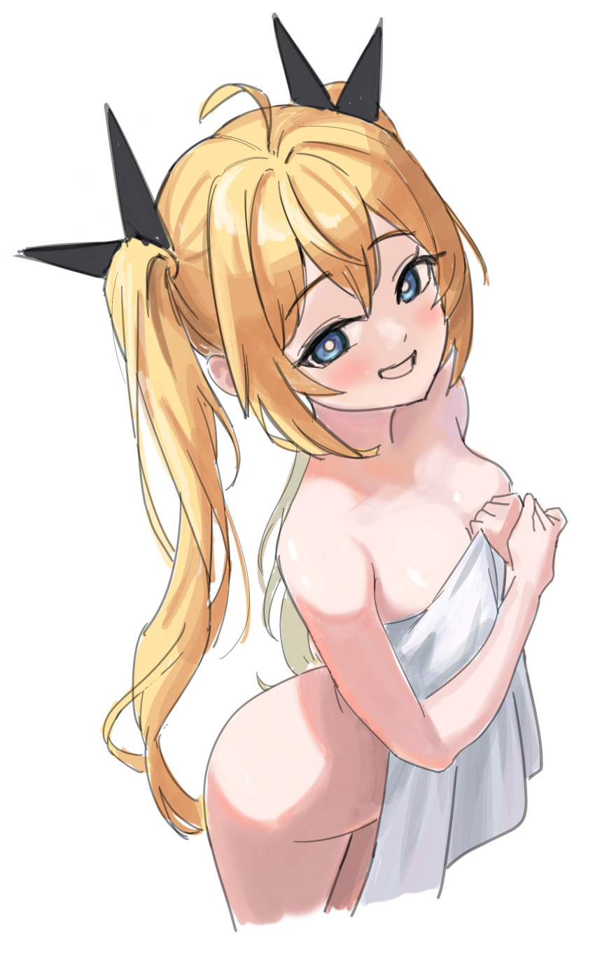 1girl absurdres ahoge blonde_hair blue_eyes blush breasts bright_pupils clear_(djmax) covering_breasts covering_privates cowboy_shot cropped_legs djmax djmax_respect grin hair_ornament hands_up highres holding holding_towel looking_at_viewer nude_cover simple_background small_breasts smile solo syc2159 towel white_background white_pupils
