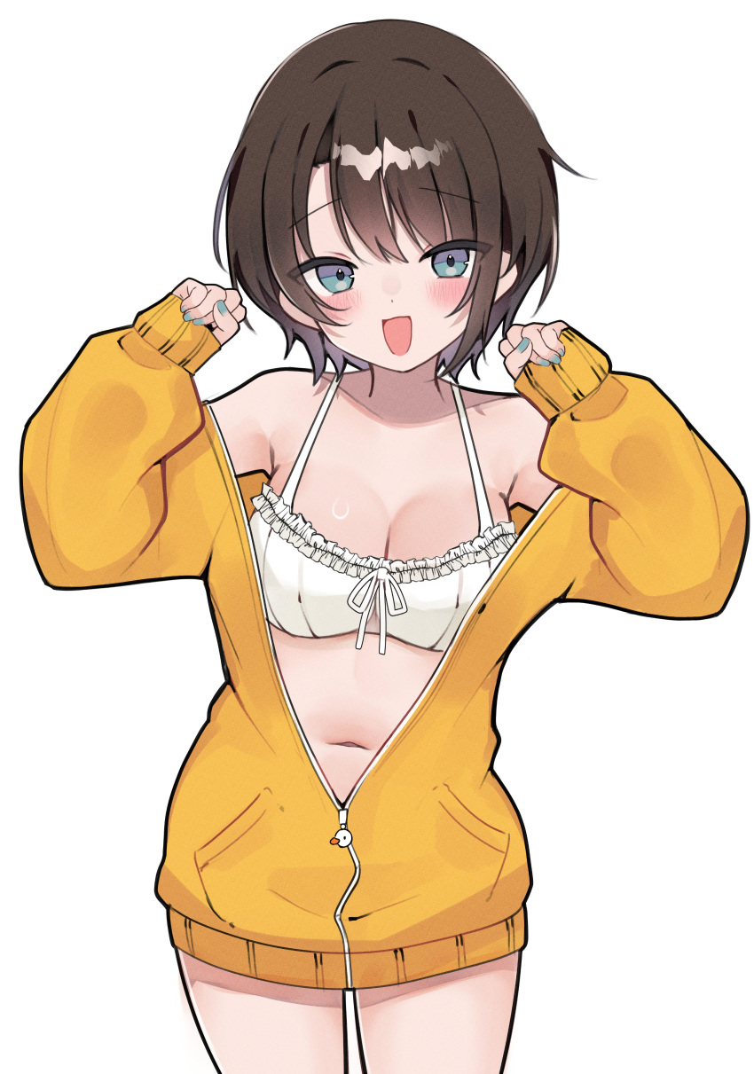 1girl absurdres bare_shoulders bikini black_outline blue_eyes blue_nails blush breasts brown_hair cleavage commentary highres hololive jacket medium_breasts meiwowowo navel oozora_subaru open_clothes open_jacket open_mouth outline paw_pose pocket simple_background solo swimsuit symbol-only_commentary thighs virtual_youtuber white_background white_bikini yellow_jacket zipper