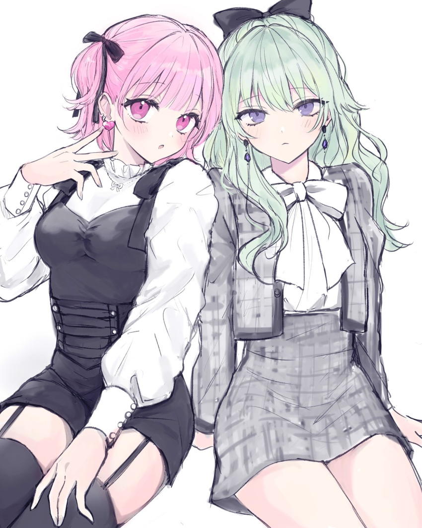 2girls :&lt; :o black_bow black_corset black_ribbon black_thighhighs blush bow bowtie buttoned_cuffs corset cowboy_shot cropped_jacket dot_nose earrings garter_straps green_hair grey_skirt hair_between_eyes hair_bow hair_ribbon hand_on_own_thigh hand_up head_tilt heart heart_earrings high-waist_skirt highres jacket jewelry kusanagi_nene legs_together long_bangs long_sleeves looking_at_viewer multiple_girls ootori_emu open_clothes open_jacket parted_lips pink_eyes pink_hair plaid plaid_jacket plaid_skirt pnyo_emc project_sekai purple_eyes ribbon shirt short_hair side-by-side sidelocks simple_background sitting skirt surgeon_cuffs thighhighs thighs white_background white_bow white_shirt