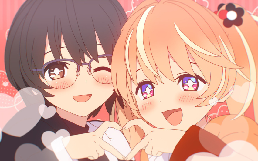 +_+ 2girls 3d bad_fanbox_id bad_id bad_source black_hair blender_(medium) blonde_hair blush bright_pupils cel_shading dot_nose flower glasses grey_hair hair_flower hair_ornament hand_up heart heart_hands heart_hands_duo long_sleeves looking_at_viewer medium_hair multicolored_eyes multicolored_hair multiple_girls one_eye_closed open_mouth orange_hair pink_eyes portrait purple_eyes red_background rin_(rinrinne) rinne_(rinrinne) rinrinne rinrinne39_(artist) semi-rimless_eyewear short_hair short_twintails siblings simple_background sisters smile streaked_hair twintails virtual_youtuber white_pupils