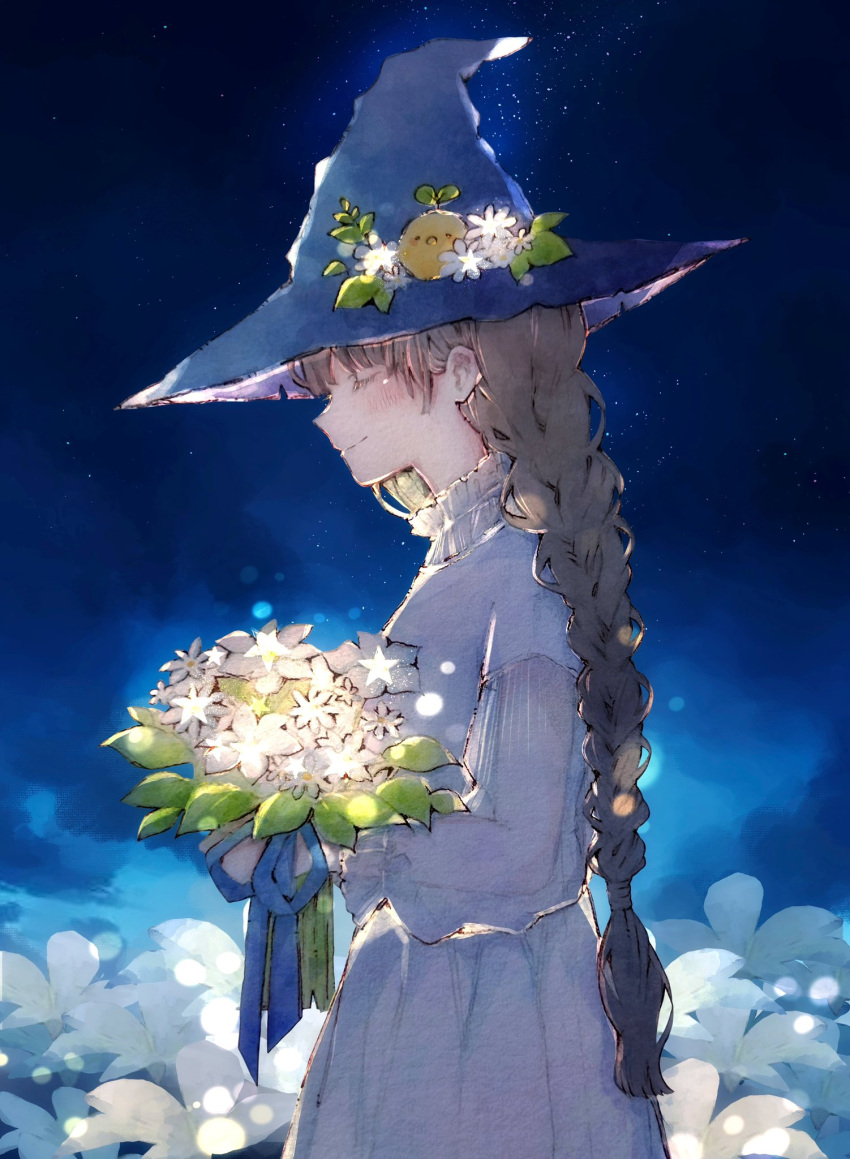 bird black_hair blue_headwear blue_ribbon blue_theme braid chick closed_eyes closed_mouth commentary dress english_commentary facing_ahead field fireflies flower flower_field from_side glowing grey_dress hat hat_flower highres holding holding_flower k0130_anna light_particles long_hair moonflower_(flower) nature night night_sky original profile puffy_short_sleeves puffy_sleeves ribbon see-through see-through_sleeves short_sleeves single_braid sky smile star_(sky) upper_body very_long_hair white_flower witch_hat yellow_flower