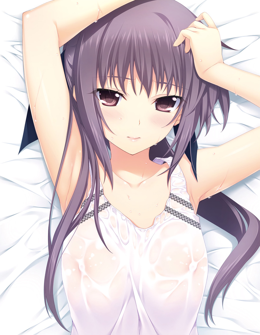 areolae armpits arms_up blush breasts covered_nipples highres iizuki_tasuku inubousaki_aya lips looking_at_viewer lovely_x_cation non-web_source ponytail purple_eyes purple_hair scan see-through small_breasts solo sweat tank_top upper_body