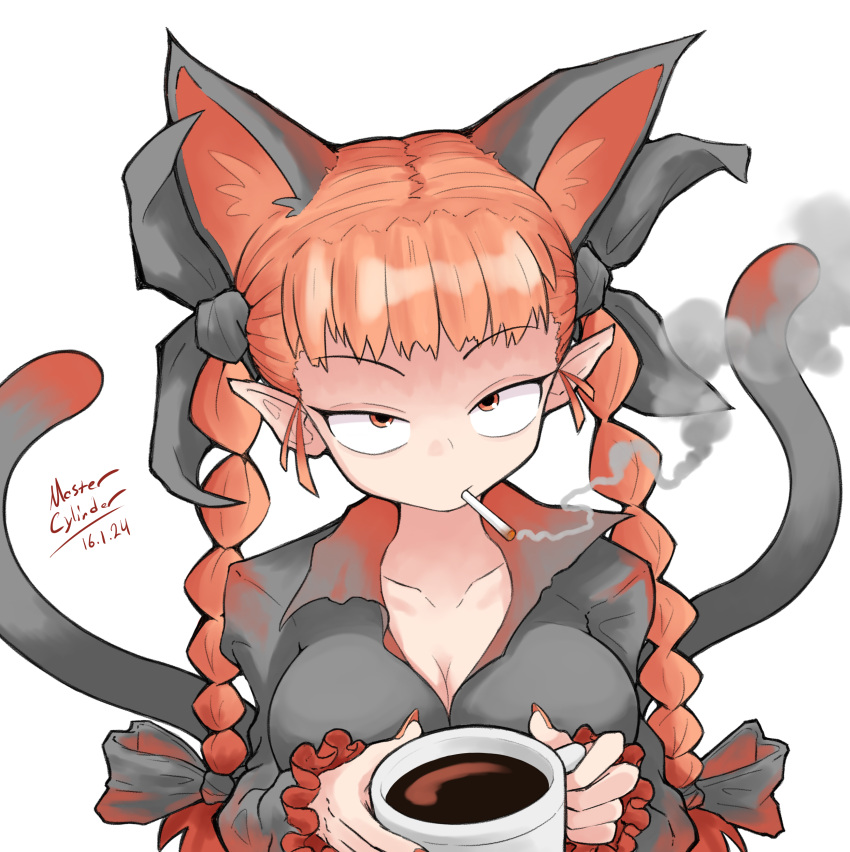 1girl absurdres animal_ears breasts cat_ears cat_girl cat_tail cigarette cleavage coffee coffee_cup coffee_mug commentary cup dated disposable_cup english_commentary extra_ears highres kaenbyou_rin long_hair long_sleeves master-cylinder mug multiple_tails nekomata pointy_ears red_eyes red_hair red_nails signature smoke smoking solo tail touhou two_tails upper_body variant_set