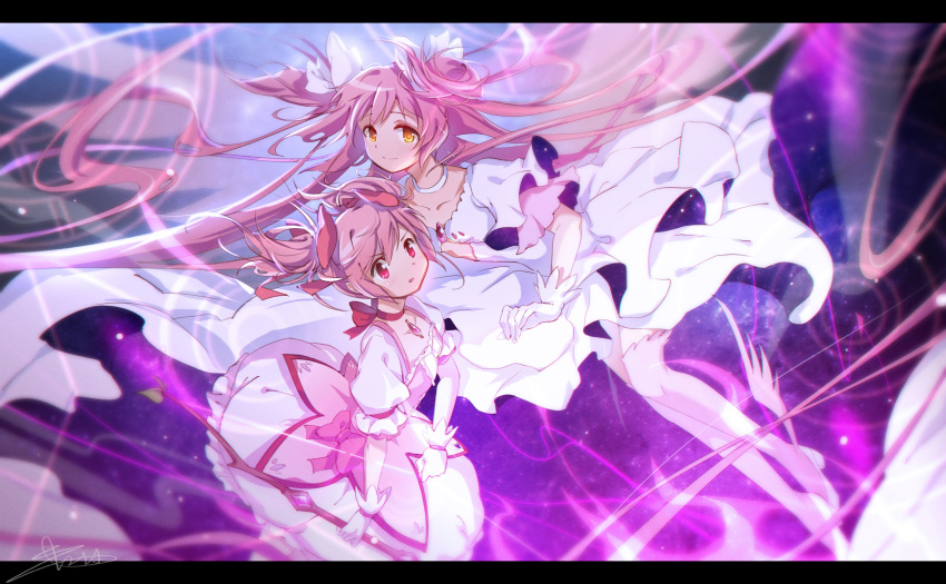 bow dress floating_hair gloves highres kaname_madoka mahou_shoujo_madoka_magica mahou_shoujo_madoka_magica_(anime) pink_dress pink_hair shan_tong_tong space ultimate_madoka white_dress white_gloves yellow_eyes