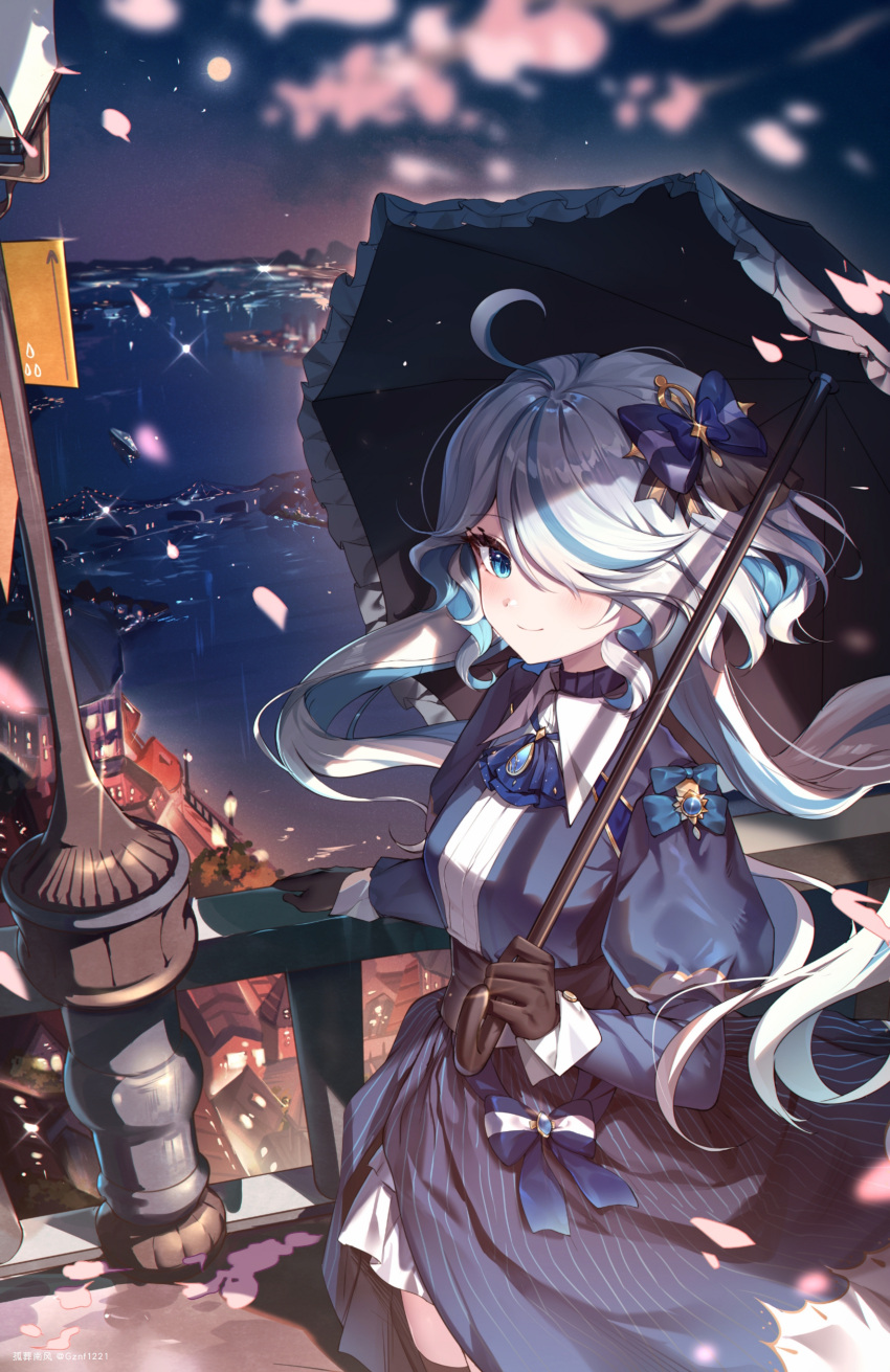1girl absurdres ahoge ascot black_gloves blue_ascot blue_bow blue_dress blue_eyes blue_hair blue_umbrella blush bow brooch commentary_request cowboy_shot dress furina_(genshin_impact) genshin_impact gloves guzangnanfeng hair_over_one_eye highres holding holding_umbrella jewelry juliet_sleeves long_hair long_sleeves multicolored_hair no_headwear outdoors puffy_sleeves railing solo standing streaked_hair umbrella very_long_hair white_hair