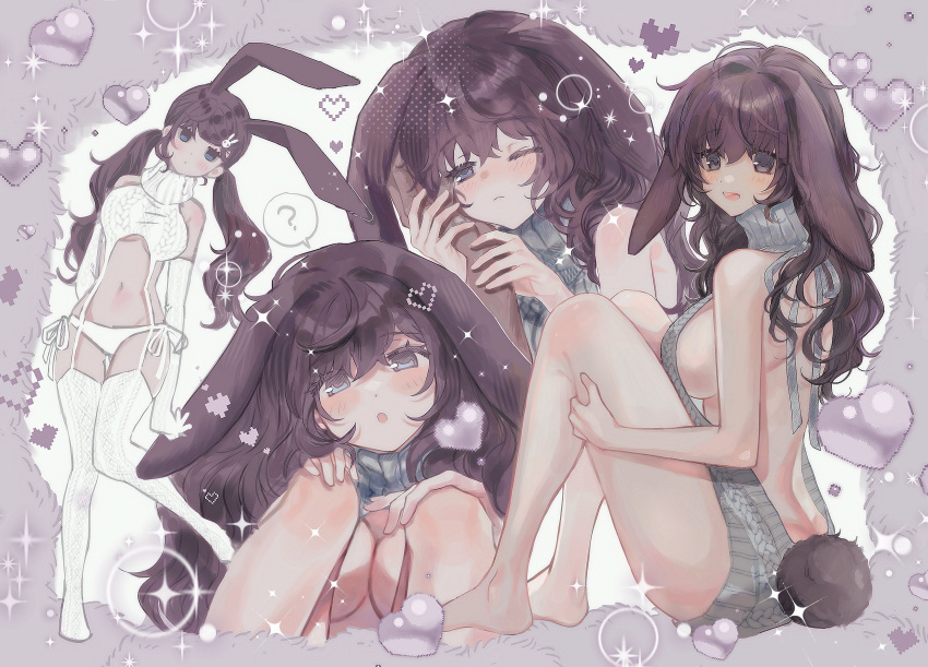 1boy 1girl :d :o ? absurdres animal_ears backless_outfit bare_shoulders barefoot bikini blush breasts brown_eyes brown_hair cleavage dot_nose feet floppy_ears from_side hair_between_eyes hand_on_own_thigh head_tilt heart highres holding_hands knees_to_chest large_breasts long_hair looking_at_viewer mafuyusdil median_furrow meme_attire multiple_views navel nuzzle open_mouth original rabbit_ears rabbit_girl rabbit_tail side-tie_bikini_bottom sideboob sidelocks sitting smile solo_focus sparkle spoken_question_mark stomach sweater swimsuit tail virgin_destroyer_sweater virgin_killer_sweater white_bikini white_sweater