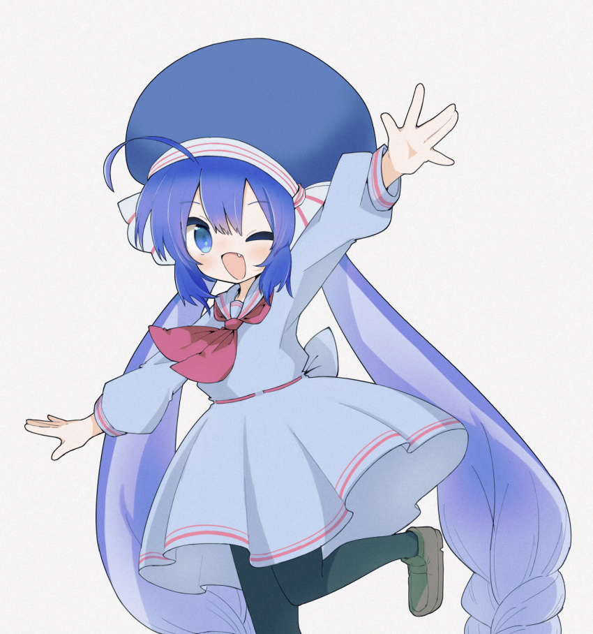 1girl 7takada ;d ahoge arm_up back_bow blue_eyes blue_hair blue_headwear bow braid brown_footwear dress fang floating_clothes grey_dress hair_ribbon hat highres long_hair long_sleeves looking_at_viewer low-braided_long_hair neckerchief one_eye_closed otomachi_una outstretched_arms puffy_long_sleeves puffy_sleeves red_neckerchief ribbon ribbon_trim sailor_dress shoes sidelocks simple_background smile solo standing standing_on_one_leg twin_braids twintails vocaloid white_background