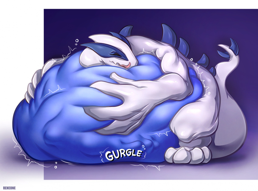 abdominal_bulge anthro anthro_pred avian belly belly_rub belly_squish big_belly cuddling digestion digestion_noises fully_inside generation_2_pokemon hi_res holding_belly imprint legendary_pokemon lugia nintendo oral_vore pokemon pokemon_(species) predator/prey reneone rumbling_stomach simple_background solo squish tongue tongue_out vore white_body