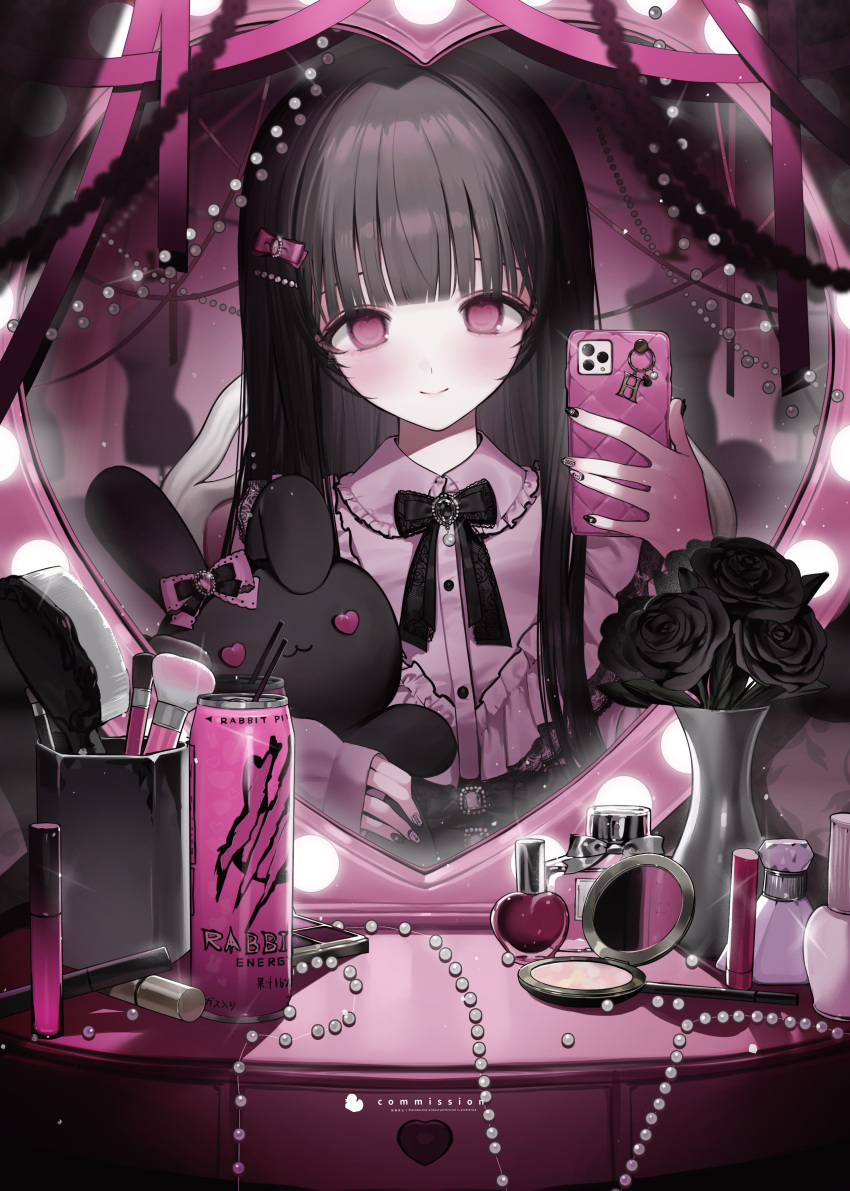 1girl absurdres black_bow black_bowtie black_flower black_hair black_nails black_rose blunt_bangs blush bottle bow bowtie buttons can cellphone closed_mouth collared_dress commentary commission cosmetics diamond_(gemstone) dress drink drink_can ear_bow eyes_visible_through_hair fingernails flower flower_pot frilled_dress frills gem glint gothic grey_bow hair_bow hair_brush hand_mirror heart heart-shaped_mirror heart-shaped_pupils highres hime_cut holding holding_phone holding_stuffed_toy indoors jewelry light_bulb long_hair looking_at_mirror looking_at_viewer makeup_brush mirror nail_polish necklace original pearl_(gemstone) pearl_necklace pedicure perfume_bottle phone pink_bow pink_dress pink_eyes pink_ribbon plant potted_plant reflection ribbon rose selfie sidelocks sitting skeb_commission sleeves_past_wrists smartphone smile solo stuffed_animal stuffed_rabbit stuffed_toy symbol-shaped_pupils table taking_picture upper_body vanity_table youichi_(45_01)
