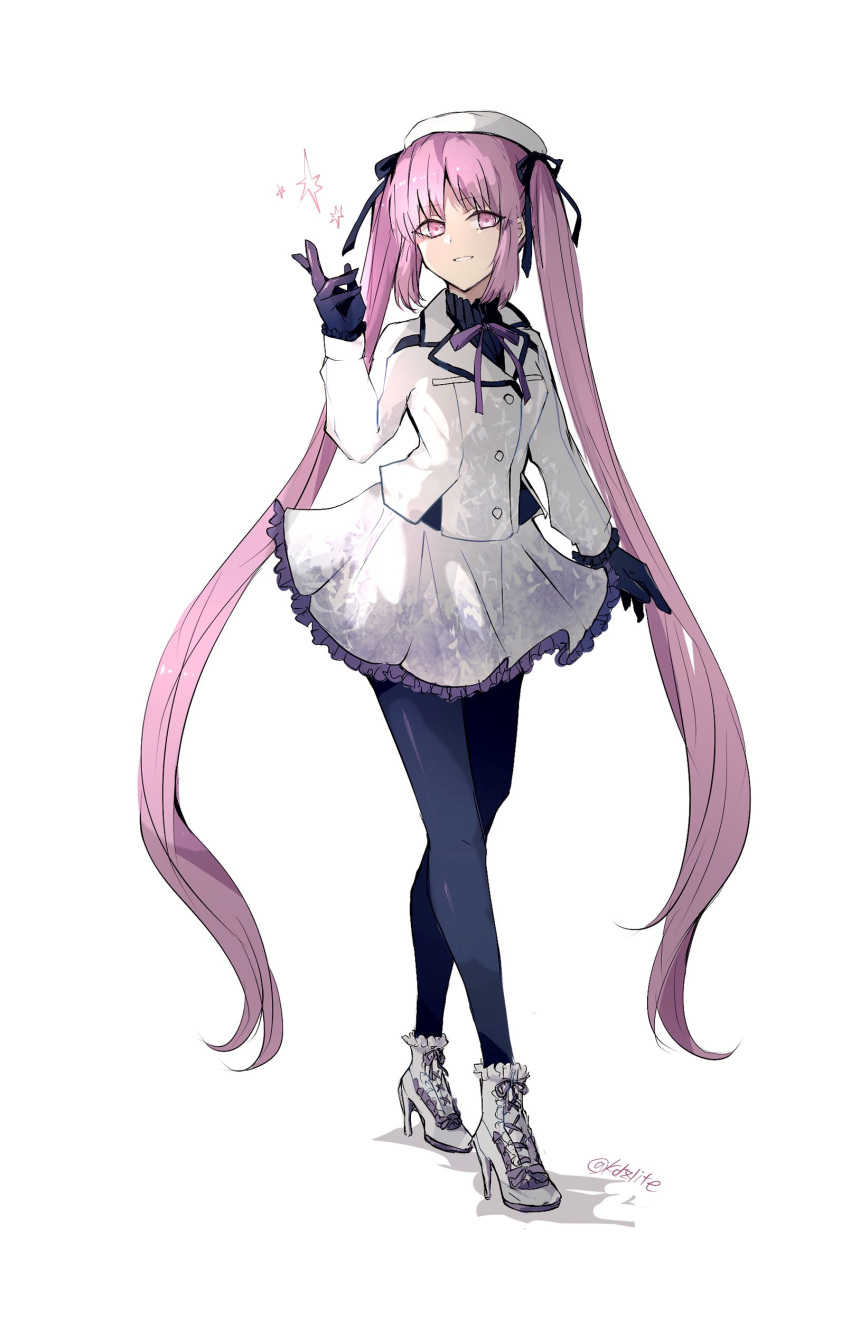 1girl absurdly_long_hair absurdres alternate_costume arm_at_side artist_name beret black_gloves black_leggings black_ribbon black_shirt crossed_legs fate/hollow_ataraxia fate_(series) frilled_footwear frilled_skirt frilled_sleeves frills full_body gloves grin hair_ribbon hand_up hat high_heels highres jacket leggings long_hair long_sleeves looking_at_viewer neck_ribbon purple_eyes purple_ribbon ribbon shirt simple_background skirt smile snapping_fingers sodamachi solo sparkle stheno_(fate) twintails twitter_username very_long_hair watson_cross white_background white_footwear white_headwear white_jacket white_skirt