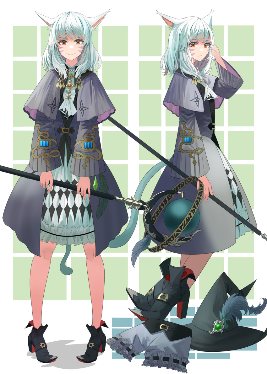 1girl animal_ears arm_behind_head ascot black_capelet black_mage black_robe boots capelet cat_ears cat_tail closed_mouth dress eyebrows_hidden_by_hair final_fantasy final_fantasy_xiv frilled_dress frills from_side full_body green_ascot green_dress grey_shorts hat high_heel_boots high_heels highres holding holding_staff jewelry looking_at_viewer mage_staff medium_hair miqo'te multiple_views necklace ojiki orange_eyes pointy_footwear robe shorts simple_background smile staff tail wide_sleeves witch_hat