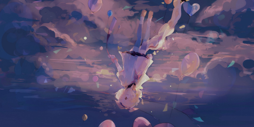 1girl ankle_socks balloon blonde_hair blue_sky bow closed_eyes closed_mouth cloud cloudy_sky commentary confetti dated_commentary expressionless falling flower frilled_shirt_collar frills full_body hair_bow hair_ornament hairclip heart_balloon highres kagamine_rin lobelia_(saclia) neckerchief pink_neckerchief puffy_short_sleeves puffy_sleeves shirt shoes short_hair short_shorts short_sleeves shorts sky socks solo upside-down vocaloid white_bow white_shirt white_shorts white_sleeves white_socks yellow_flower