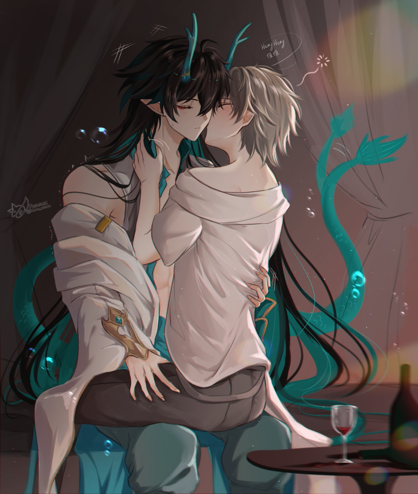 2boys black_hair blush caelus_(honkai:_star_rail) chinese_clothes closed_eyes closed_mouth couple cup dan_heng_(honkai:_star_rail) dan_heng_(imbibitor_lunae)_(honkai:_star_rail) dragon_boy dragon_horns dragon_tail drinking_glass drunk english_commentary eyeliner fennec_artsss glass green_pants hair_between_eyes hand_on_another's_thigh highres honkai:_star_rail honkai_(series) horns kiss long_hair long_sleeves makeup male_focus multiple_boys pants pointy_ears red_eyeliner shirt short_hair sitting spread_legs straddling tail tail_wagging trailblazer_(honkai:_star_rail) white_shirt wine_glass yaoi