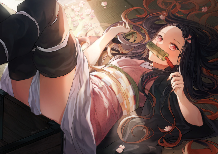 1girl absurdres bit_gag black_hair black_haori black_thighhighs checkered_sash commentary fingernails flower gag gradient_hair hair_ribbon highres japanese_clothes kamado_nezuko kimetsu_no_yaiba kimono lying multicolored_hair obi on_back oretsuu pink_eyes pink_flower pink_kimono pink_ribbon red_hair ribbon sash sharp_fingernails solo tatami thighhighs