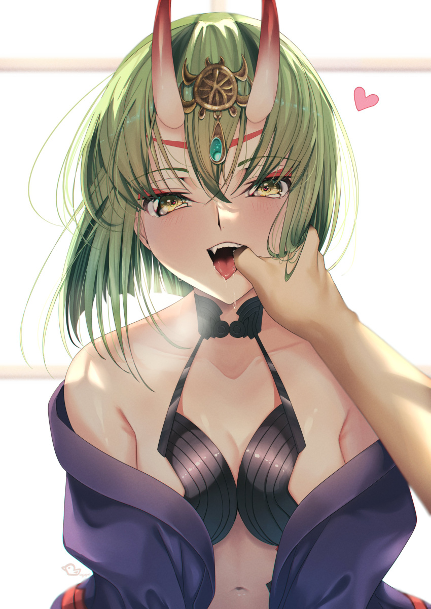 1girl 1other absurdres alternate_hair_length alternate_hairstyle aroused bare_shoulders blush bob_cut breasts breath budgiepon c.c. cleavage code_geass collarbone commentary_request cosplay drooling eyelashes eyeshadow fang fate/grand_order fate_(series) finger_in_another's_mouth green_hair heart heart-shaped_pupils highres horns looking_at_viewer makeup medium_breasts mouth_drool navel open_mouth short_hair shuten_douji_(fate) shuten_douji_(fate)_(cosplay) simple_background skin-covered_horns solo_focus straight-on straight_hair symbol-shaped_pupils teeth tongue tongue_out upper_body upper_teeth_only white_background yellow_eyes