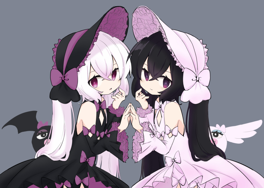 2girls 7takada :o angel_and_devil angel_wings bare_shoulders bat_wings black_dress black_hair black_headwear bonnet bow cleavage_cutout closed_mouth clothing_cutout contrast cowboy_shot creature crossed_bangs detached_sleeves dress dual_persona flat_chest frilled_sleeves frills from_side grey_background hands_up hat hat_bow highres lolita_fashion long_hair long_sleeves looking_at_viewer looking_to_the_side multiple_girls otomachi_una purple_bow purple_eyes red_eyes sidelocks symmetrical_pose twintails very_long_hair vocaloid white_bow white_dress white_hair white_headwear wide_sleeves wings